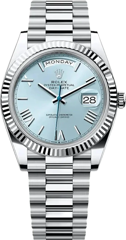 Rolex Day-Date in platinum with an ice-blue dial