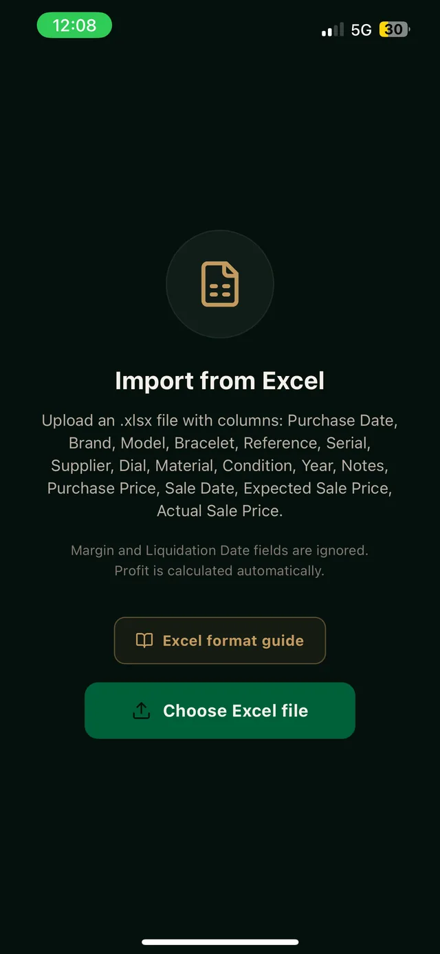 The Excel import screen inside ChronoStock