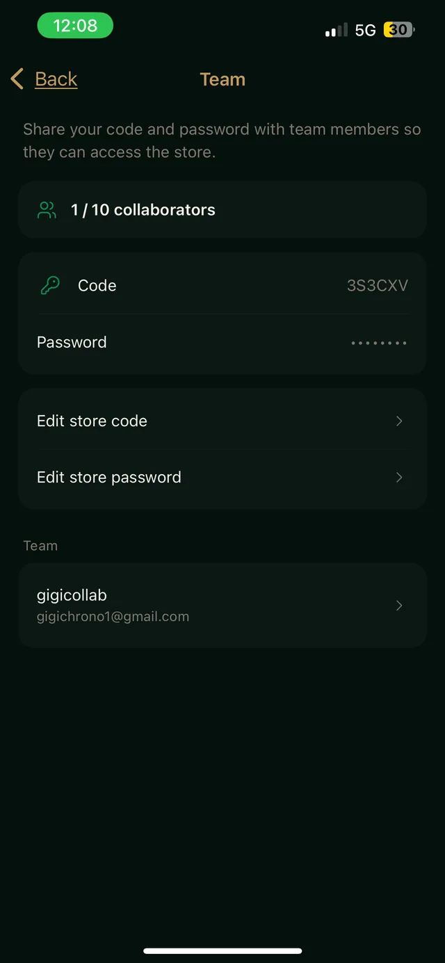 The collaborators and permissions screen