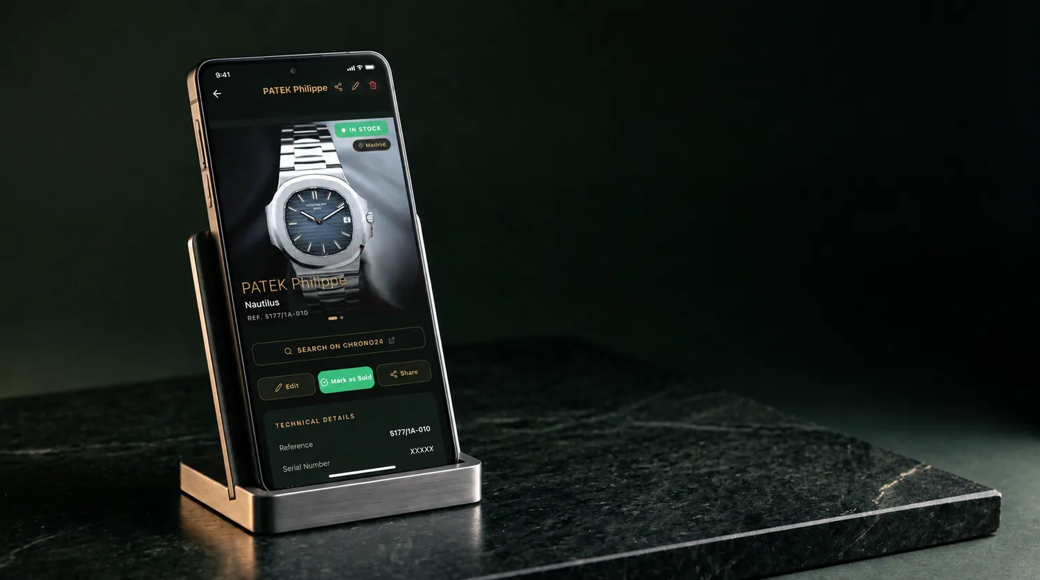 The watch detail screen on an Android phone: Patek Philippe Nautilus, reference 5177/1A-010, in stock