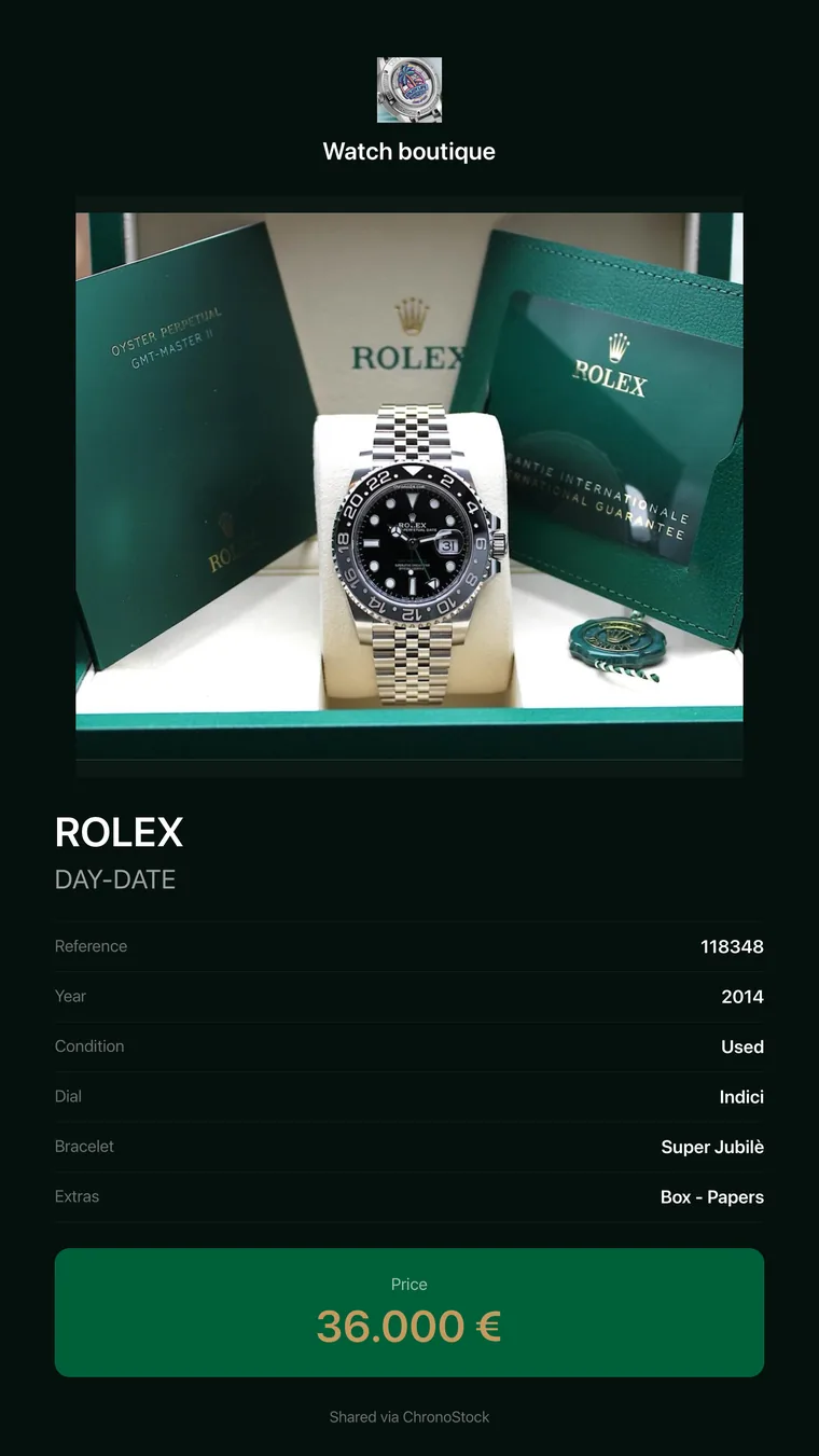 A ChronoStock share card for a Rolex Day-Date, showing the photo,
                  reference, year, condition and price, branded Watch boutique